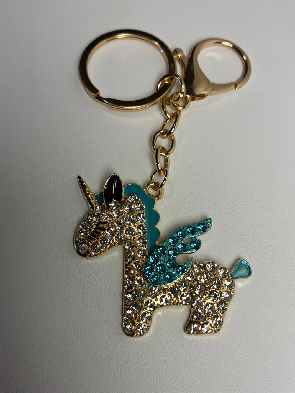 Gold Unicorn Keychain with Teal and Clear Crystal Accents